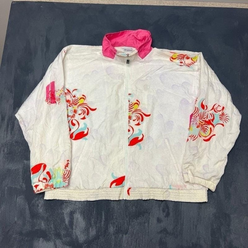 Vintage Sergio Tacchini Windbreaker Jacket Womens 14 White 1990s Zip Up